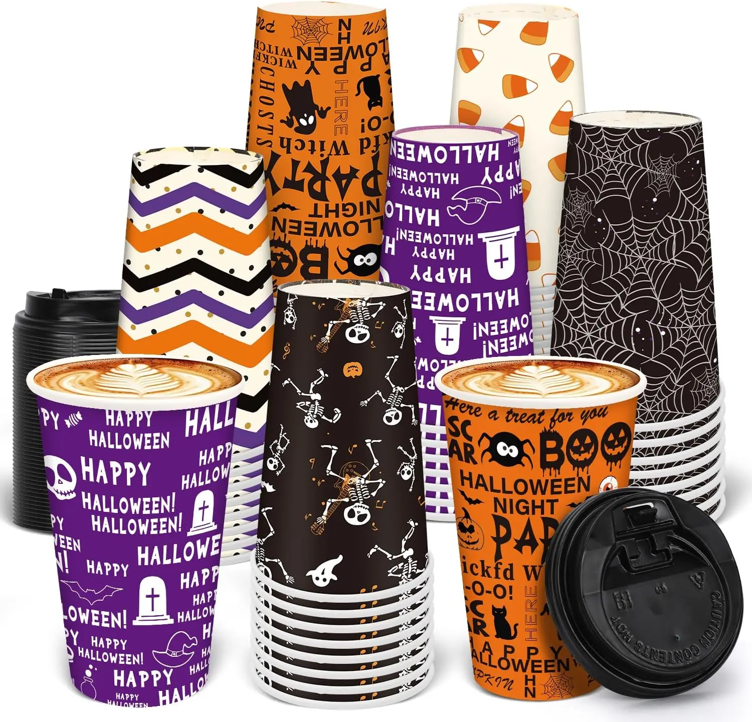 Halloween Fall Gift 48 Pcs Halloween Disposable Coffee Cups 16oz Paper Cups with Lids | 6 Halloween Styles Ghost, Spooky Pumpkin. Suitable for Hot and Cold Drinks, Cosplay Party Decoration Supplies