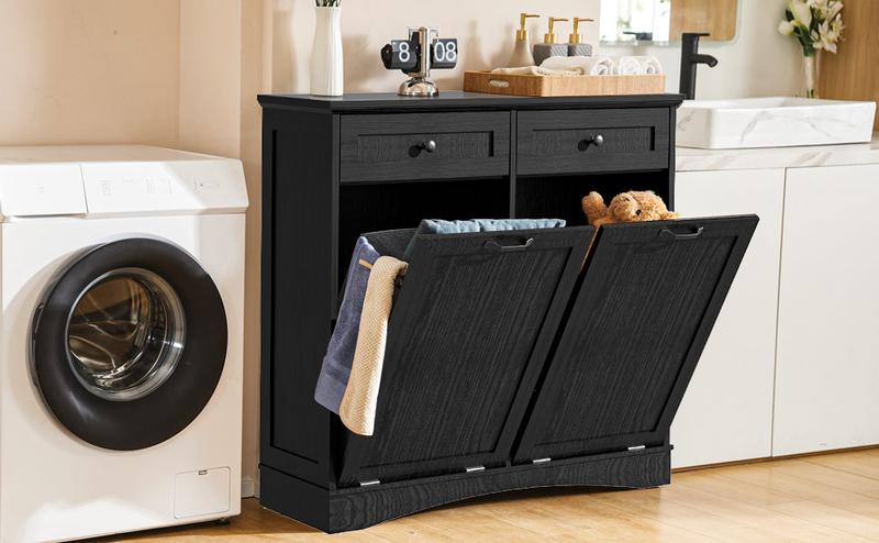 【Does Not Include Trash Can】 Spurgehom Double Tilt-Out Trash Can Cabinet, 26 Gallon Hidden Garbage & Recycling Bin with Drawers, Pet-Proof Kitchen Storage Cabinet