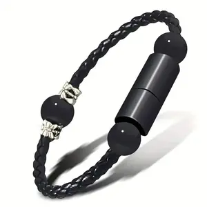 2024USB Cable Bracelet Wristband - Braided Black Plastic Charger & Data Sync Cord for iPhone, Type-C & Micro USB Fast Charging, Durable Tangle-Free Design, Stylish Accessory2025