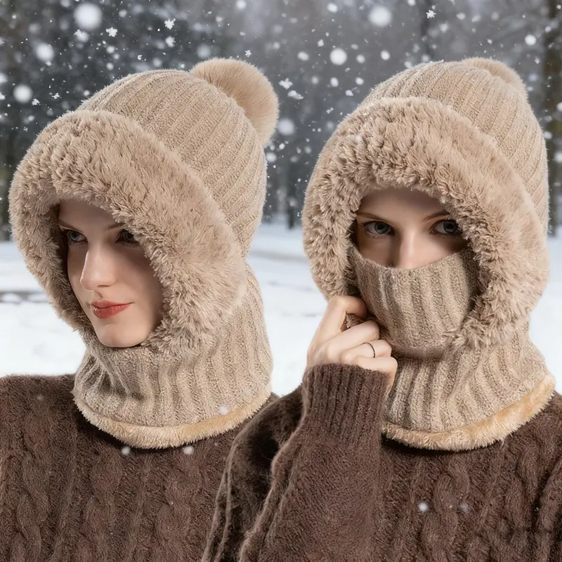 Winter & Autumn Knitted Scarf-Hat Combo: Fleece-Lined, Thickened Warm Wool Hat with Face Cover for Outdoor Cycling, Windproof Ski Mask, Cold-Weather Face Shield, Winter Scarf Hat for Outdoor Sports Protection