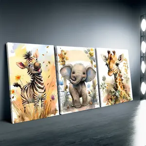 Framed, 3pcs set wooden frame watercolor animal posters of lion, elephant, giraffe, children room wall art, home decor paintings, creative canvas poster, waterproof canvas wall art, gift paintings, bedroom, living room decor,halloween
