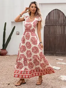 Vintage Vacation Boho Bohemian Style Lightweight Fitted Waist Cinched Geometric Floral Print Short Sleeve Dress, Women's Casual Summer Fashion, Elegant Party Wear Womenswear