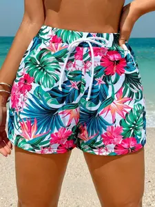 Women's Drawstring Short Bikini Swimwear Bottoms With Random Print,Summer Beach