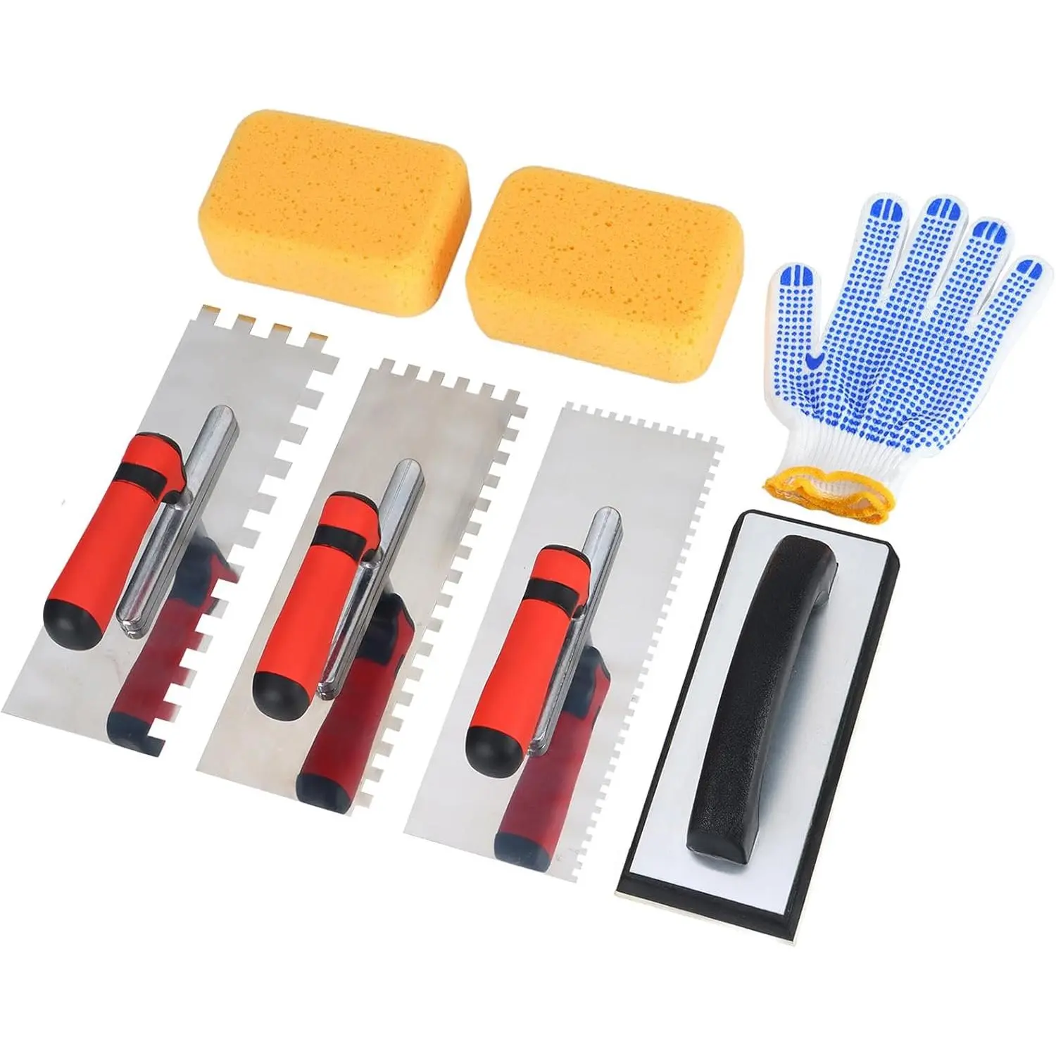 Square Notched Tile Trowel Set, with Rubber Grout Float,Grout Sponge and Work Gloves,Ideal for Masonry Tiling Tools and Flooring Installation
