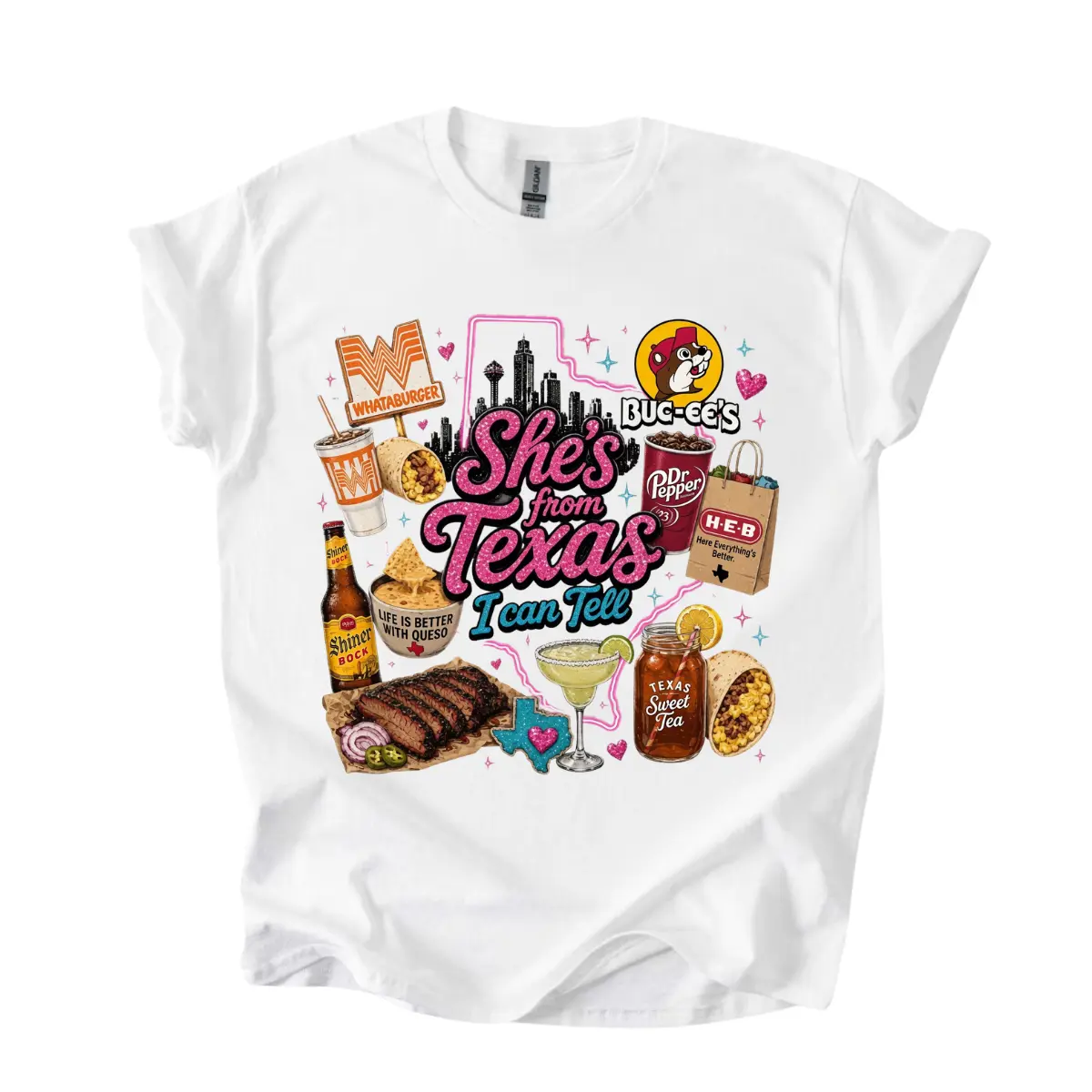 She’s From Texas Western T-Shirt, Southern State Pride Graphic Tee, Texas Food And City Skyline Front Print Shirt, Pink Country Style Outfit, Southern Travel Souvenir Gift Shirt For Texas Women And Girls
