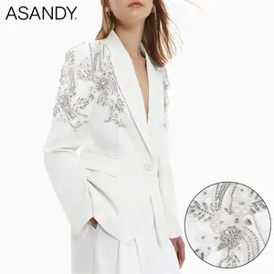 ASANDY Hand-Beaded White Blazer Oversized 3D Floral Embellished Suit | Luxury Bridal Shower & Red Carpet Statement Piece