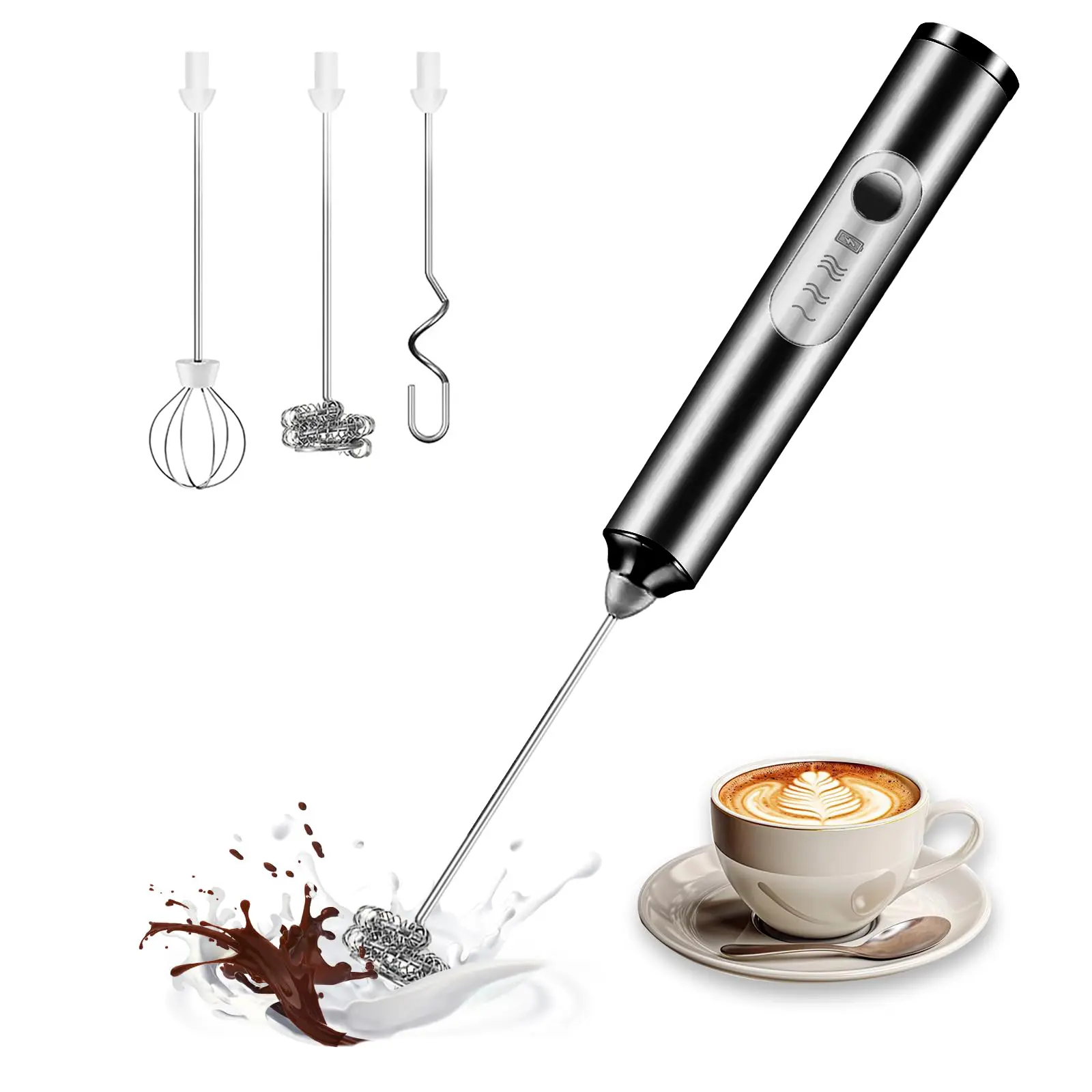 Cordless Rechargeable Handheld Milk Frother, Electric 3-Speed Wand with 3 Detachable Stainless Steel Whisks, Kitchen Mixer for Latte, Cappuccino, Matcha, Cordless Milk Frother