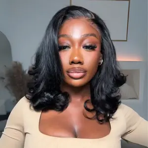 Live. Menglle Hair Glueless Layered Cut Loose Wave 7×6 Clear Lace Wig Shoulder Length Human Hair Short Transparent Lace Wavy Bob Wig  Pre Hairstyle Honey Blonde Highlight / Natural Black#Summervibes