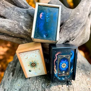 Custom Tarot Card Box with Lid; Personalized, Wooden Tarot Box, Mystical Tarot Card Holder with Celestial Art, Wooden Deck Storage