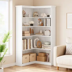 72 Inch Tall 5-Tier L-Shaped Corner Wooden Bookcase with Anti-Tip Safety Design for Home Office White