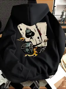 New Men's Poker & Dice Pattern Hoodie, Casual Loose Fit Long Sleeve Sweatshirt, Spring & Fall Fashion Pocket Design, Daily Wear Top