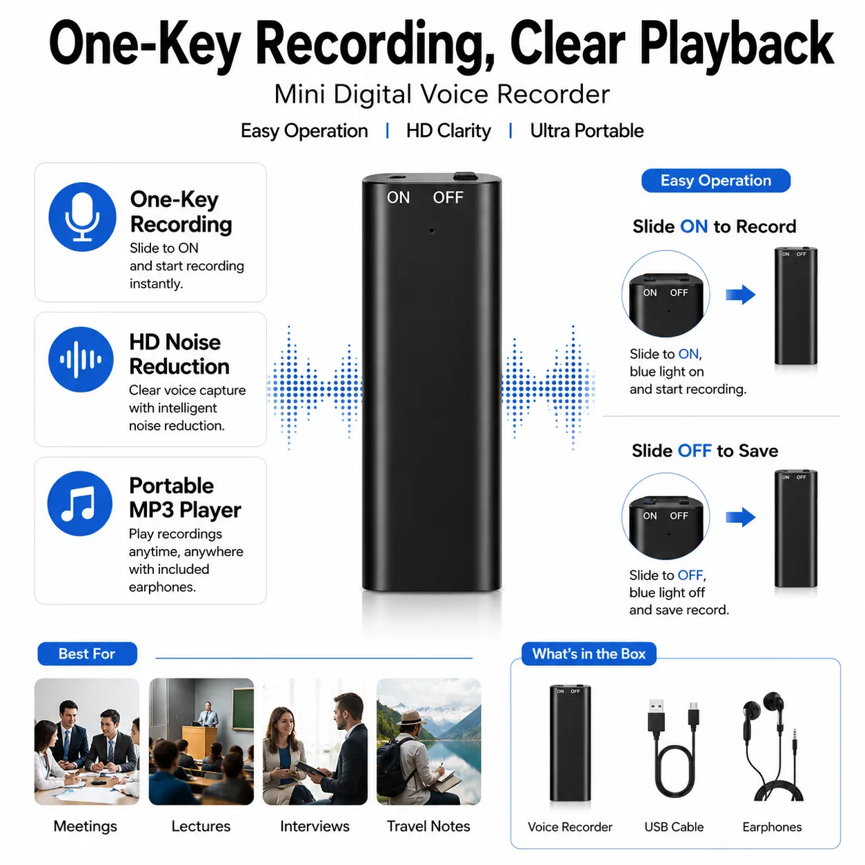 Mini Voice Activated Digital Recorder, HD Noise Reduction Audio Recorder with One-Touch Recording, MP3 Playback, USB Data Transfer, Earphones & Cable for Meetings, Lectures and Interviews