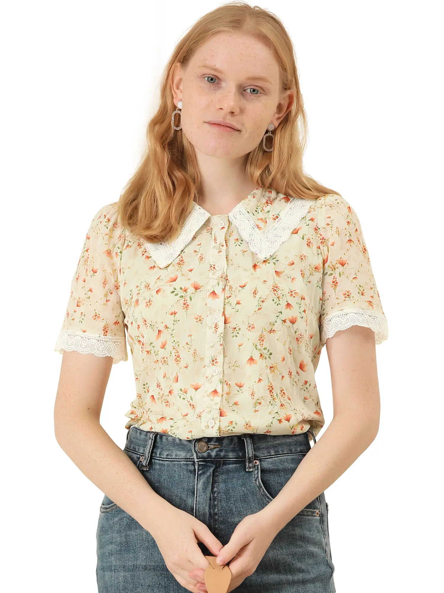 INSPIRE CHIC Peter Pan Collar Shirt Lace Trim Floral Embroidered Retro Peasant Blouse