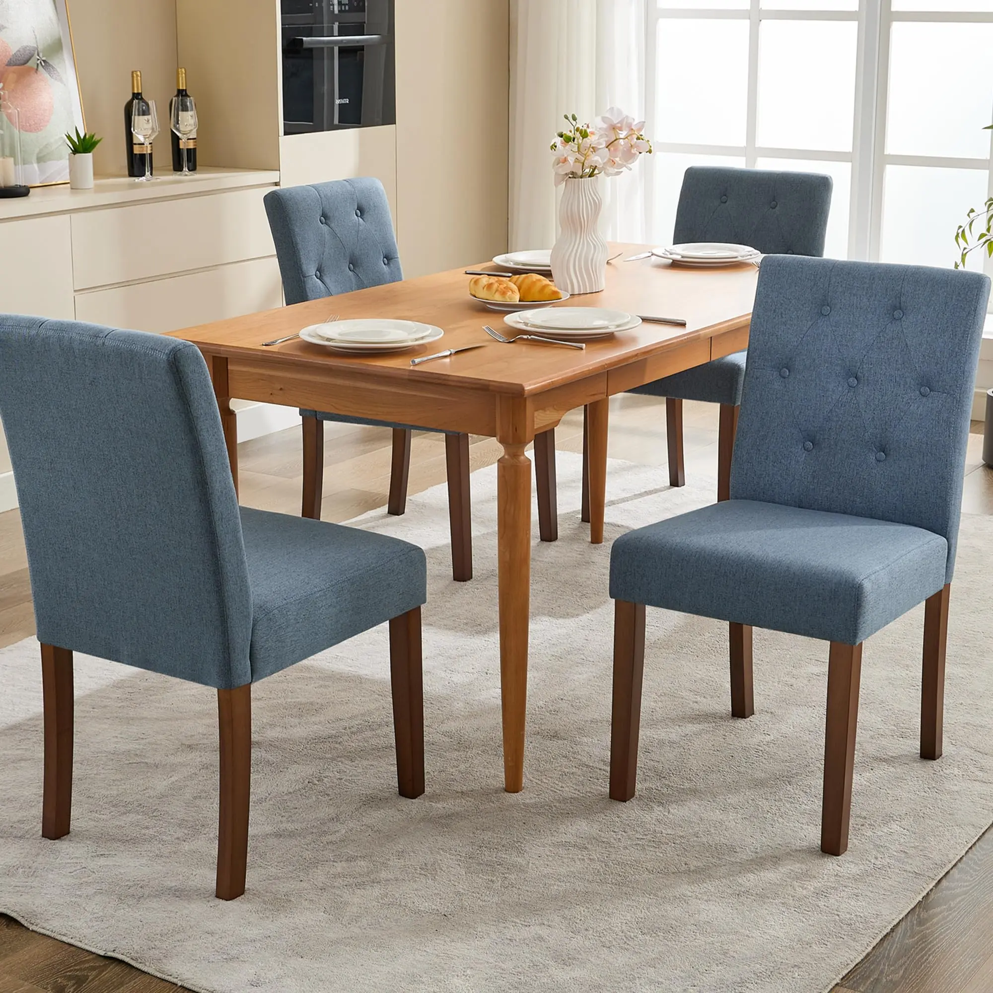 Garvee Upholstered Dining Chairs Set of 4, Button Tufted Parsons Chairs with Wood Legs and Padded Seat, Modern Fabric Side Chairs for Dining Room Kitchen Farmhouse Hotel, Blue