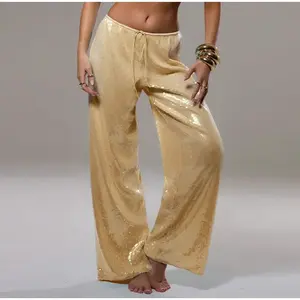 Women's Sparkly Sequined Lightweight Wide-Leg Loose Pants with Elastic Waist