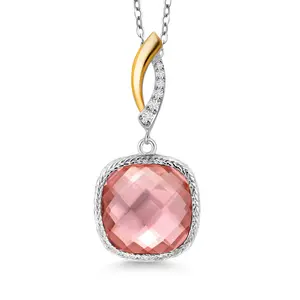 Gem Stone King 925 Sterling Silver Peach Nano Morganite and White Lab Grown Diamond Pendant Necklace for Women | 7.57 Cttw | Gemstone October Birthstone | Cushion 12MM | With 18 Inch Chain