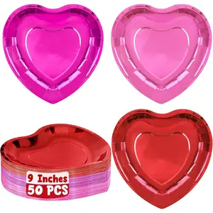 50 PCS Valentines Plates, 9 IN Disposable Heart Plates, Pink Red Hot Pink Heart Shaped Plates, Foil Layer Pink Paper Plates, Wedding Party Decor Anniversaries Valentines Day Party Supplies