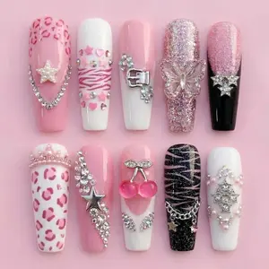 Handmade Pink Y2K Press On Nails, 3D Cherry Butterfly Crystal Art, Leopard Zebra Print Glam Gel Nails, Custom Baddie Fake Nails