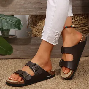 Double Buckled Cork Footbed Slides for Women Adjustable Slip-On Open-Toe Flat Sandals with Soft Insole for Outdoor Casual Wear