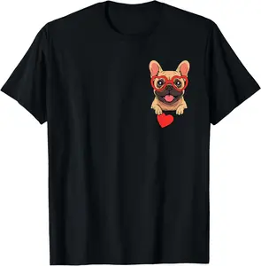 French Bulldog Heart Pocket Cute Frenchie Valentines Day Dog T-Shirt Pure Cotton Graphic Tees Menswear Top: Gifts for Men & Women