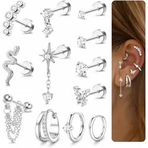 FIASASO 20G Women's Hypoallergenic Surgical Stainless Steel Cartilage Earring Set, 14K Gold Plated Flat Back Fashion Earring Stack, Waterproof Flat Pierced Daily Wear Jewelry for Daith Conch Tragus Helix