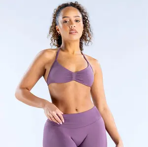 (With Logo) DFYNE High Waist Tummy Control Biker Shorts  - Seamless Ruched Halter Sports Bra for Women's Gym Training Quick-Dry Compression Fitness Set