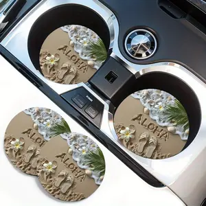 2pcs Aloha Beach EVA Rubber Cup Holder Coasters with Absorbent Fabric Top - Non-Slip Car Drink Pad Accessories for Cup Placement and Spill Protection