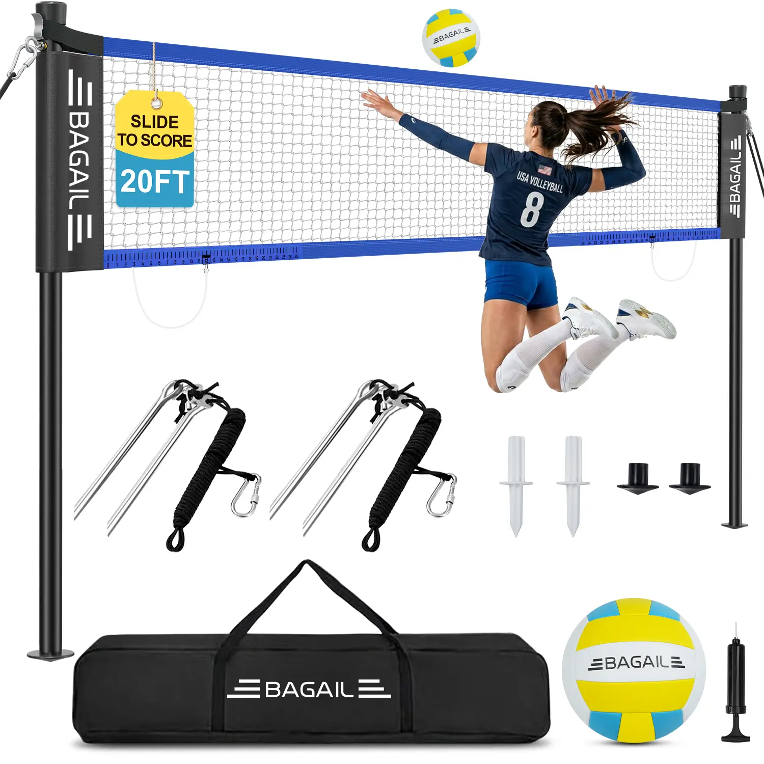 BAGAIL Outdoor Volleyball Net Set 20FT/32FT, Portable for Beach, Backyard | Complete Kit with Carry Bag, Ball & Pump, Integrated Scoring System, Anti-Sag, All-Weather Durability, Easy 5-min Setup