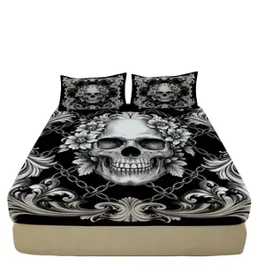 3pcs Gothic skull and floral print bedding set - Complete Set, breathable fabric, machine washable - dark color, suitable for all seasons (includes 1 fitted sheet + 2 pillowcases, filling not included)