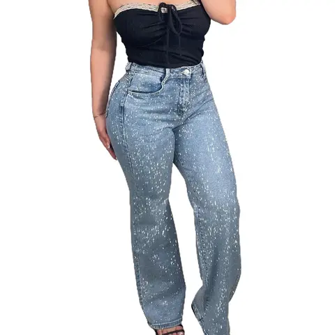 Ana's Rhinestone Straight Jeans - True To Size Chic Casual Style Women's Bottoms Pants