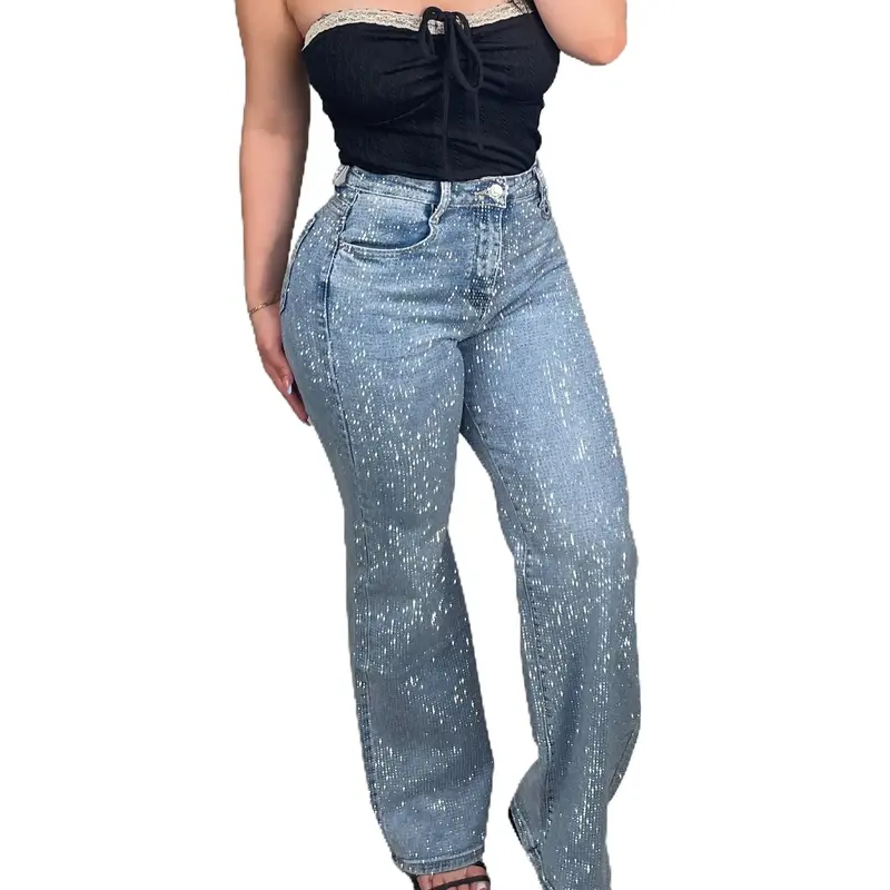 Ana's Rhinestone Straight Jeans - True To Size Chic Casual Style Women's Bottoms Pants
