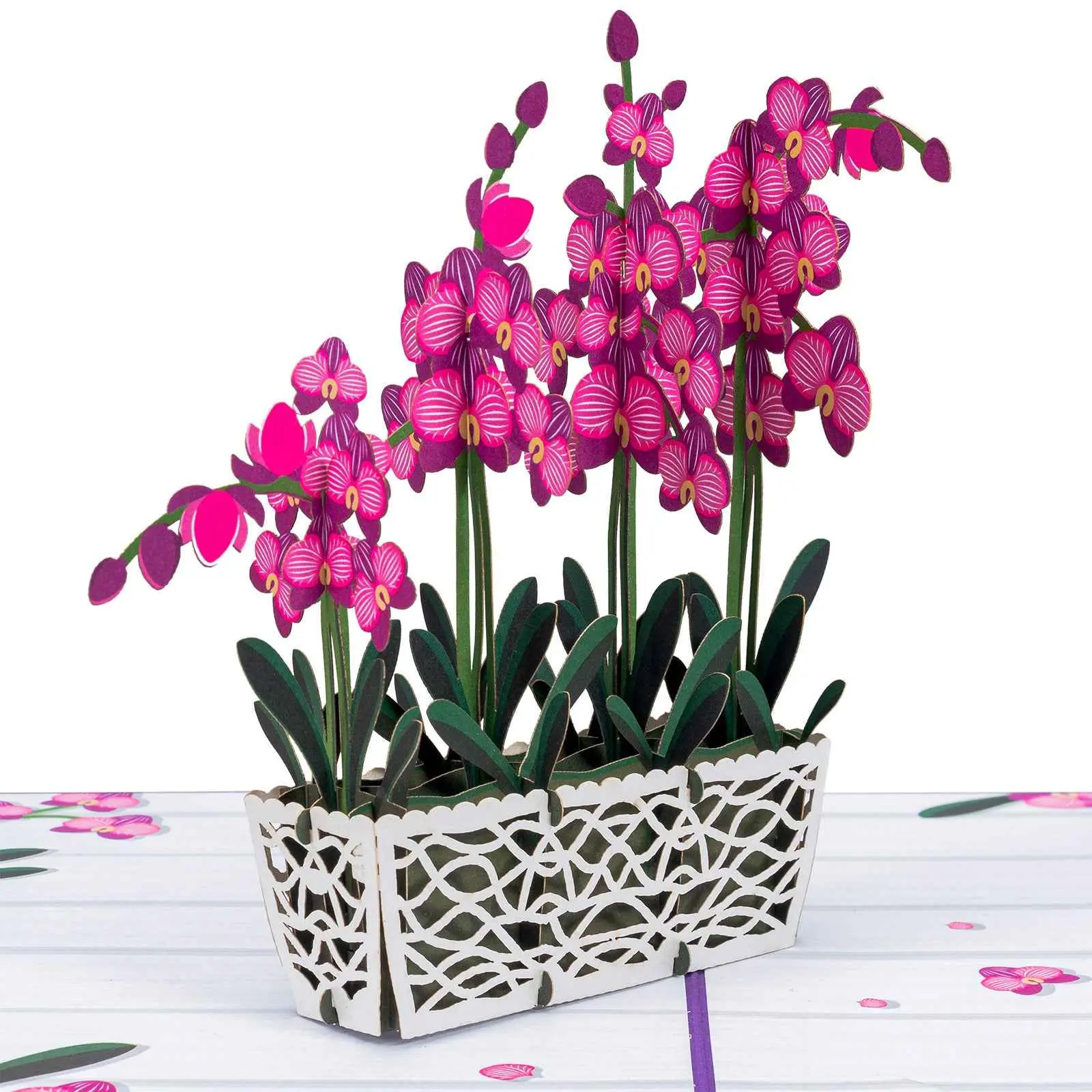 Paper Love Orchids Pop Up Card - 3D Planter with Pink & Purple Orchids, Laser-Cut Details, Premium Cardstock, Removable Note Tag, Ideal for Occasions