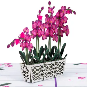 Paper Love Orchids Pop Up Card - 3D Planter with Pink & Purple Orchids, Laser-Cut Details, Premium Cardstock, Removable Note Tag, Ideal for Occasions