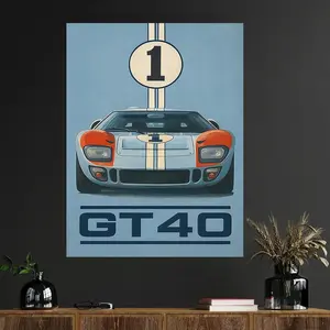 2D Flat, 1 Piece Vintage GT40 Racing Car Decorative Painting Frameless Canvas Room Wall Art Modern Retro Design, High-Quality Printed Poster, Elegant Home Office Decoration, Holiday Gift, Vintage Prints, 2D Flat, Unframed Art Print