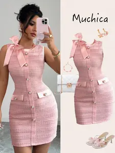 Elegant Floral Sleeveless Bodycon Dress, Satin Bowknot & Pearl Embellishments, Textured Fabric, Waist Cinched, Midi Length, Casual Style