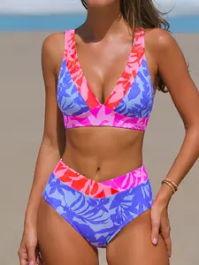 Popvil High Waisted Neon Leopard Print Bikini Set, V-cut Bikini Bottom, Adjustable Strap Big Triangle Cup Swimsuit Women, Neon Bathing Suit