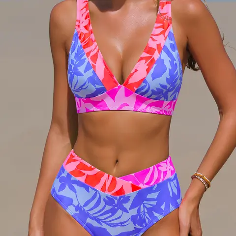 POPVIL Women's Folklore Style Neon Nylon 2-Piece Swimsuit for Women - Micro Triangle Top, Mid-Waist V-Cut Bottom, Big Cat Print Water-Ready Bikini Sets for Sports Activities