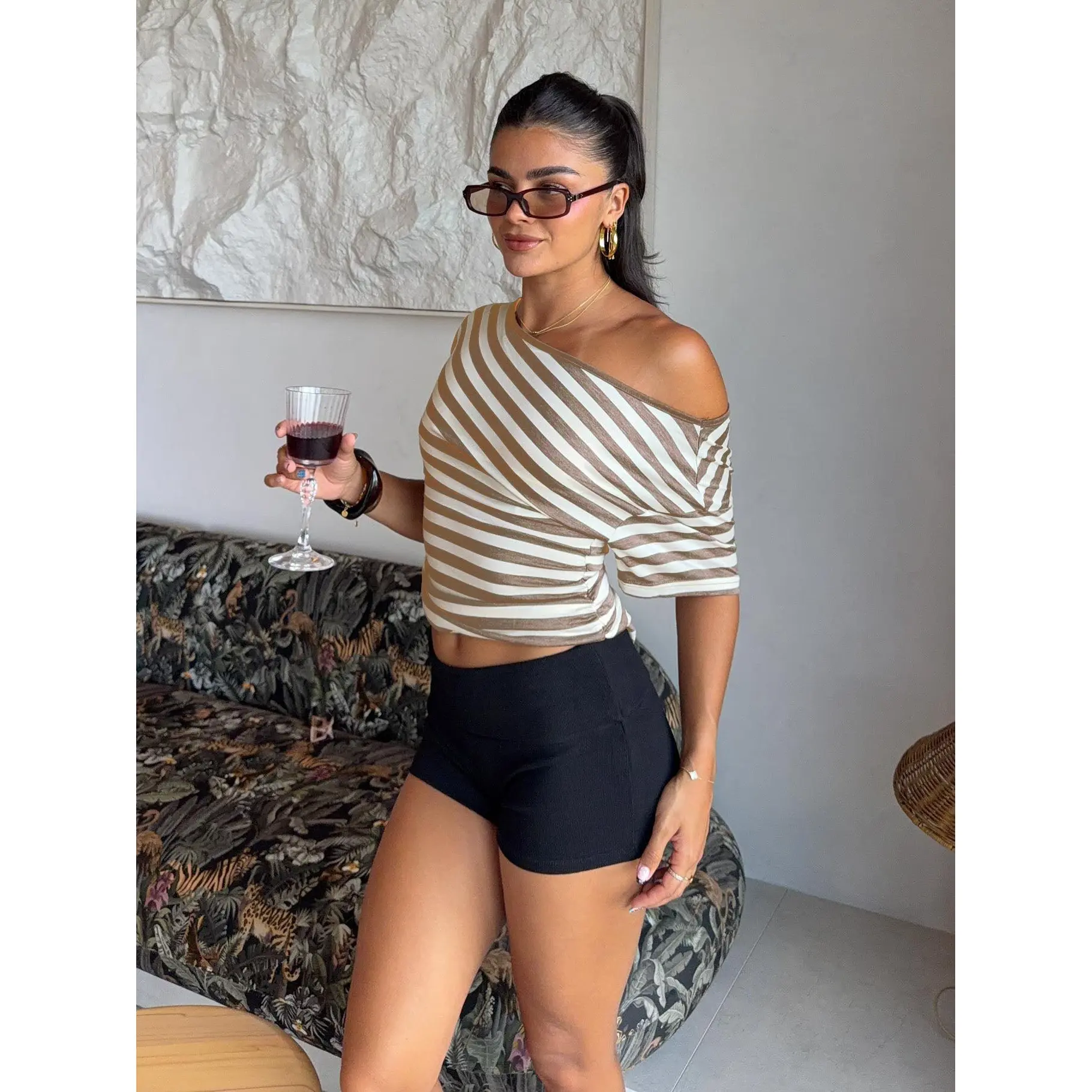 Emlynn Off Shoulder Top Brown Stripe