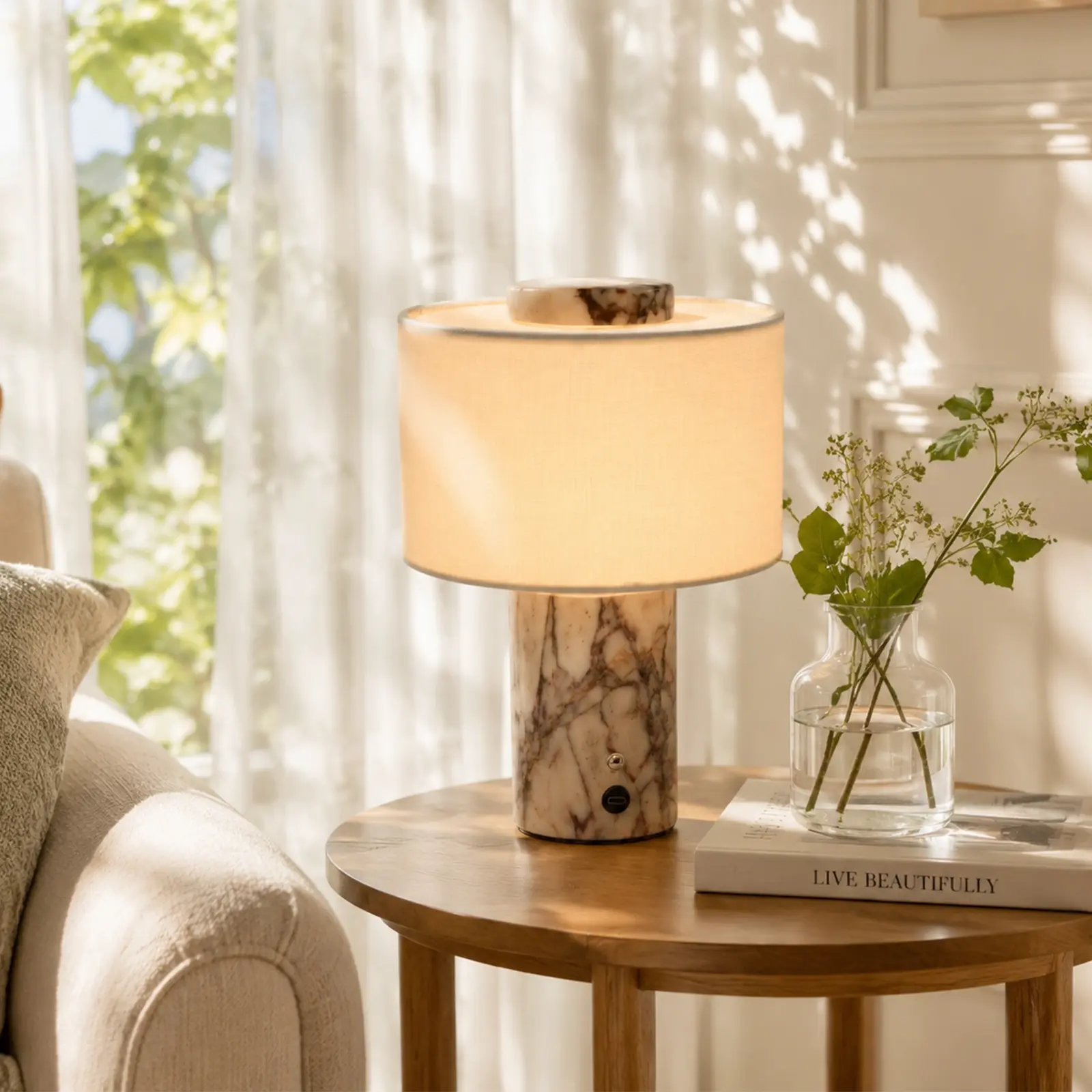 Luxury Cordless LED Table Lamp with Premium Natural Stone Base, Panda White, Travertine & Volakas Marble Design, 4000mAh Rechargeable, 3 Color Temperatures & Stepless Dimmable Touch, Fabric Shade Bedside Lamp Home Decor Gift