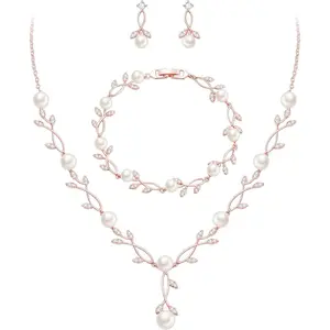 Bridal Cubic Zirconia  Sets for Women, White Simulated  Leaf Vine Pendant Wedding Party Necklace Earrings Set for Bridesmaid Bride