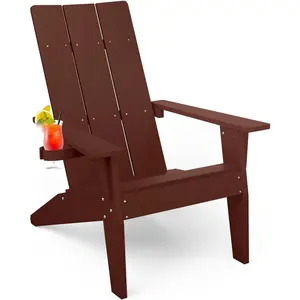 Oversized Modern Adirondack Chair with Cup Holder Weather Resistant Plastic Outdoor Fire Pit Seating Patio Furniture for Lawn Deck in Coffee