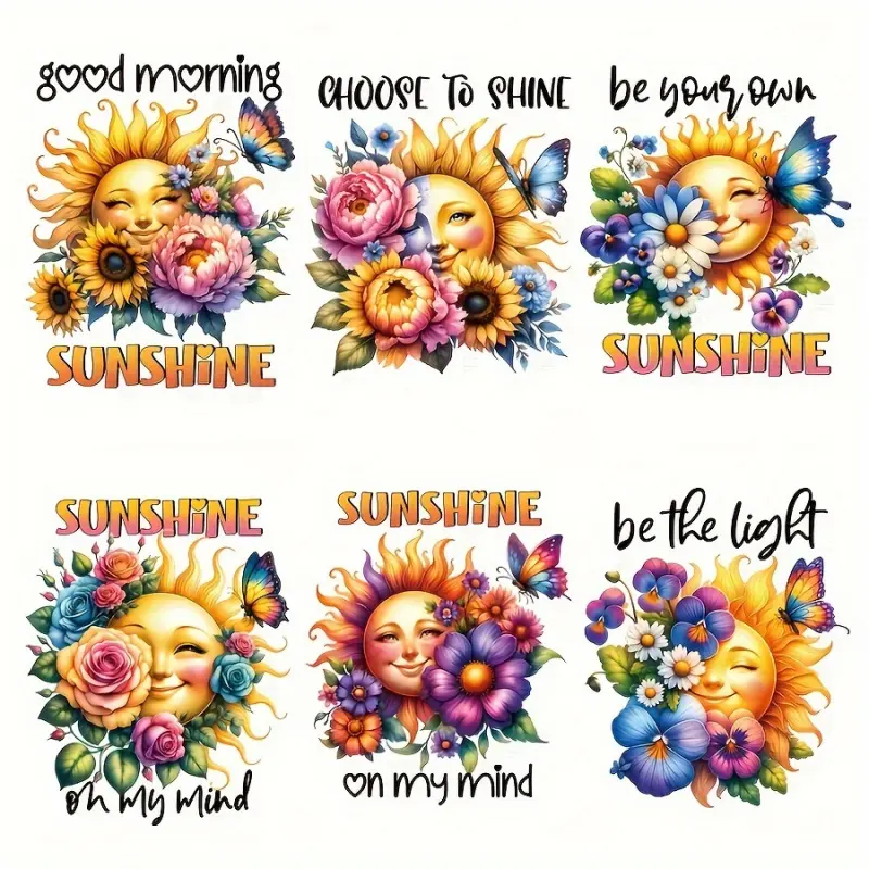 6pcs Sunflower & Bouquet Iron on Transfers PVC Heat Transfer Patches DIY Easy Press Vinyl Stickers for T Shirt Clothing Fabric Decoration Various Inspired Sunny Design Open Pattern Diy Material