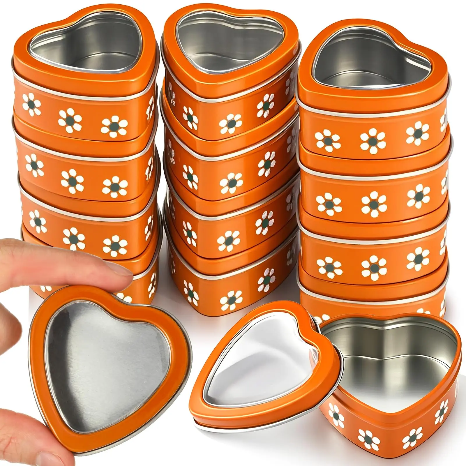 30 Pcs 2oz Heart-Shaped Metal Tins with Transparent Window Lids, Mexican Barro Style Collectible Tin Party Bags & Package for DIY Crafts, Wedding, Christmas Party Favors