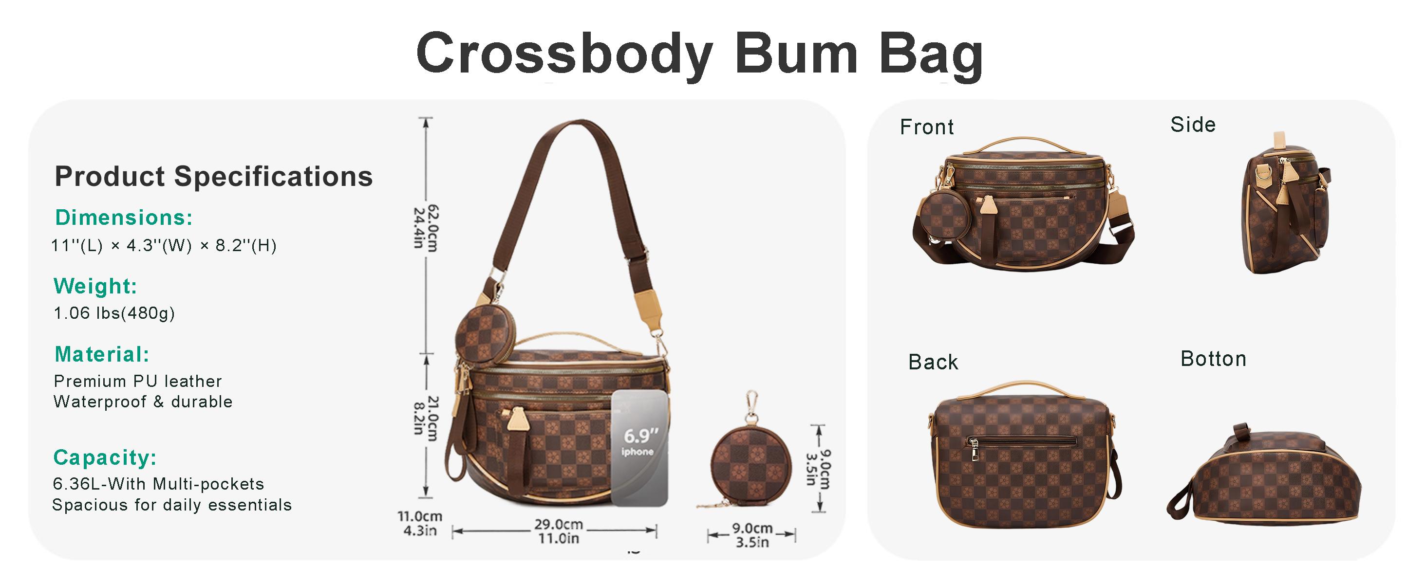DAREIN Elegant Spacious Checkered PU Leather Crossbody Bum Bag for Women, Stylish Handbag with Wallet Functionality