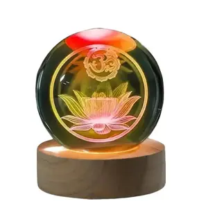 6 - Centimeter Diameter Glass Ball with In - carved Lotus and Color - Changing Light Base