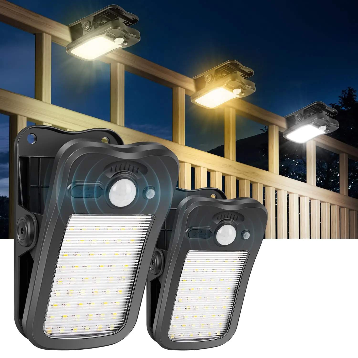 Clip on Solar Lights Outdoor, 2 Pack, 60 LED Solar Motion Sensor Clamp on Light with 3 Modes, IP65 Waterproof Portable Clamp Lights for Patio Fence Garden Deck, Father's Day Gifts