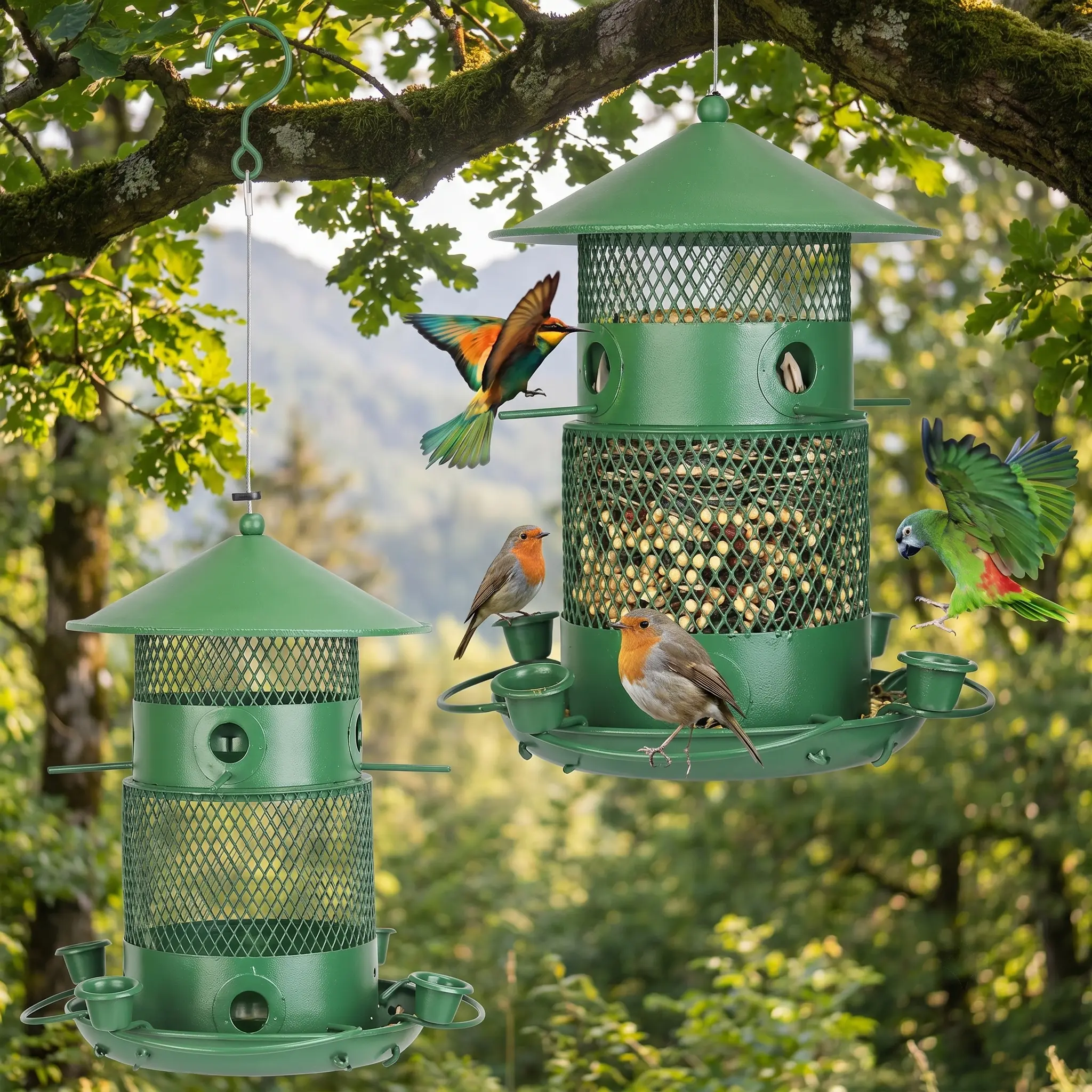 LakeForest Metal Squirrel-Proof Chew-Resistant Weather-Proof Wild Bird Feeder - Retractable Tier, Iron Frame, 6 Perches, 4 Water Cups, Keeps Food Dry & Fresh, for Bird Enthusiasts, Backyard Garden, 24.8x9.84x9.84in, 907g, Outdoor Hanging Tool