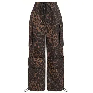 Women’s Leopard Print Cargo Pants - Drawstring Waist, Multi-Pocket Wide Leg Trousers