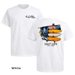 Salt Life Surfboards T-Shirt 2 Sided – American Flag Boards & Skull, Beach Adventure Style, Ideal Gift for Anglers, Hunter, Casual Crew Neck T-Shirt