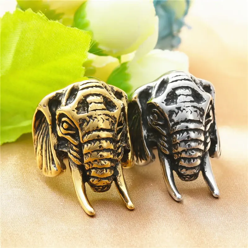 Men's Vintage Elephant Head Ring in Stainless Steel, Retro Hip-Hop Animal Statement Jewelry for Parties, Sizes 8-13, Animals, Round